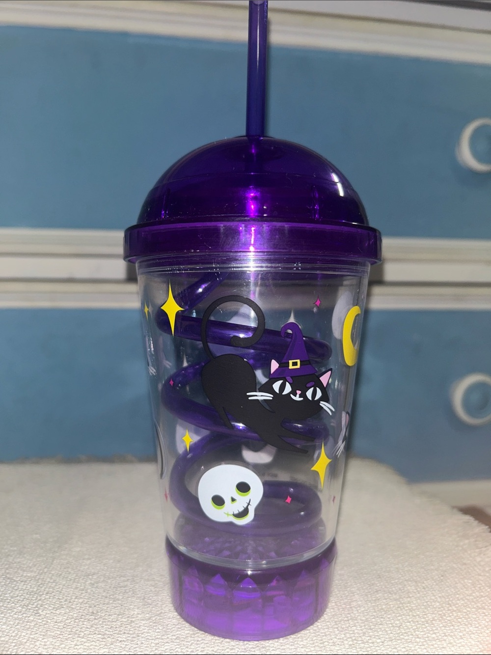 Purple Witch Cat Kids Straw Cup with Spiral Straw